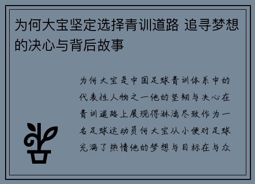 为何大宝坚定选择青训道路 追寻梦想的决心与背后故事